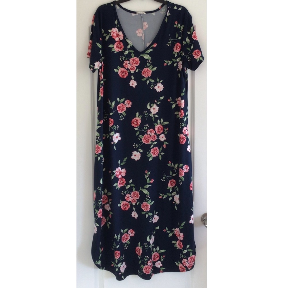 Navy Blue V-Neck Floral Dress